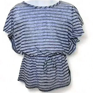 I ❤️Pinc-Girls Grey Striped  Blouse Cinched Waist Front Tie Casual Medium